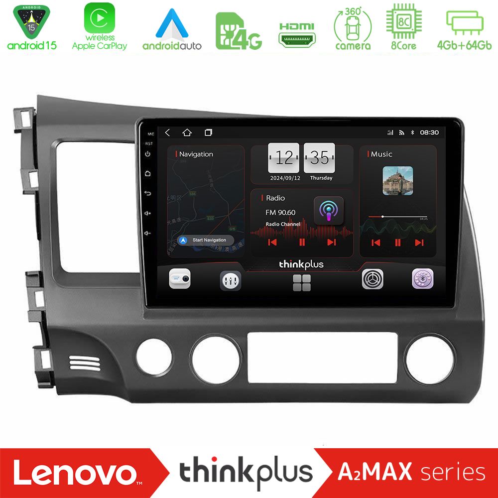 Lenovo Thinkplus A2MAX Series 8Core Android15 4+64GB  Honda Civic 2006-2011 Navigation Multimedia Tablet 9"