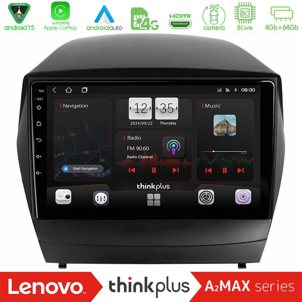 Lenovo Thinkplus A2MAX Series 8Core Android15 4+64GB  Hyundai IX35 Auto A/C Navigation Multimedia Tablet 9"