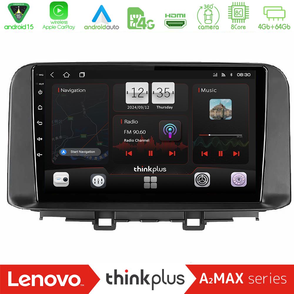 Lenovo Thinkplus A2MAX Series 8Core Android15 4+64GB  Hyundai Kona 2018-2023 Navigation Multimedia Tablet 10"