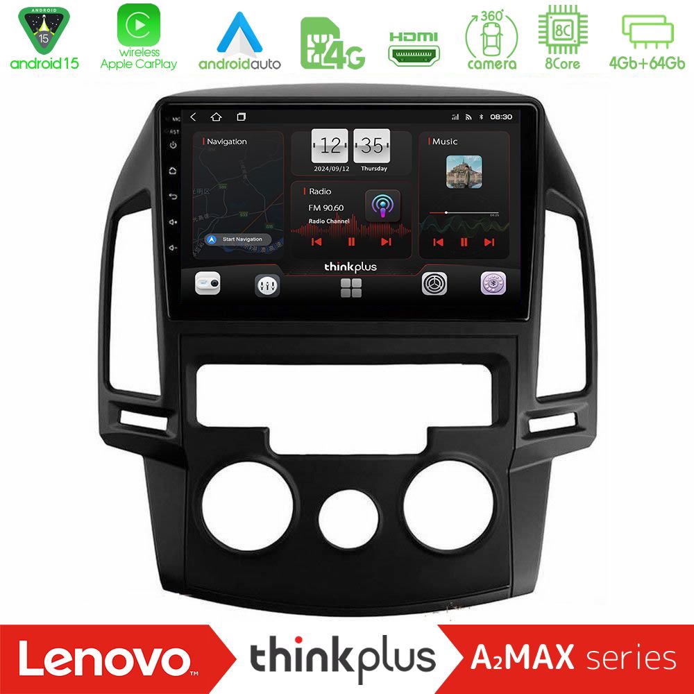 Lenovo Thinkplus A2MAX Series 8Core Android15 4+64GB  Hyundai i30 2007-2012 Manual A/C Navigation Multimedia Tablet 9"