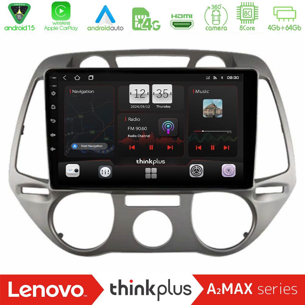Lenovo Thinkplus A2MAX Series 8Core Android15 4+64GB  Hyundai i20 2009-2012 Manual A/C Navigation Multimedia Tablet 9"