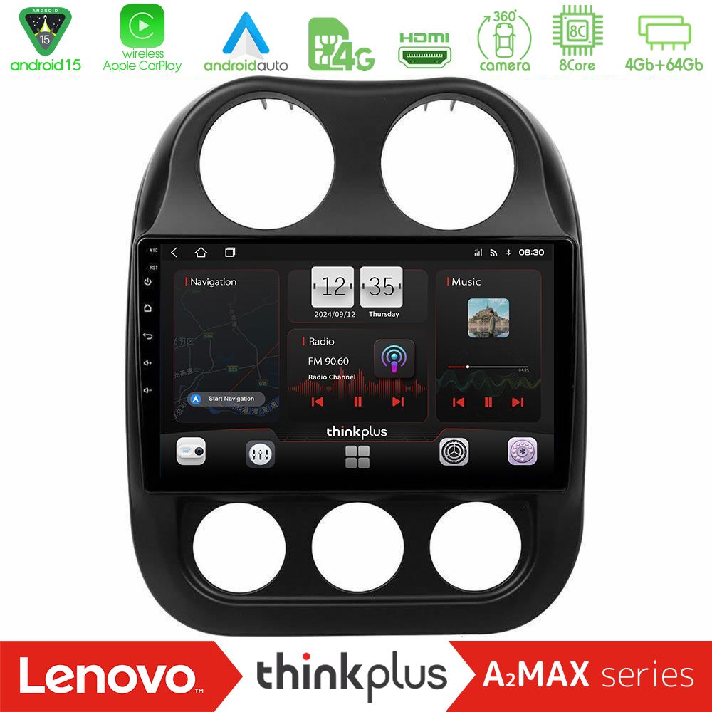 Lenovo Thinkplus A2MAX Series 8Core Android15 4+64GB  Jeep Compass 2012-2016 Navigation Multimedia Tablet 9"