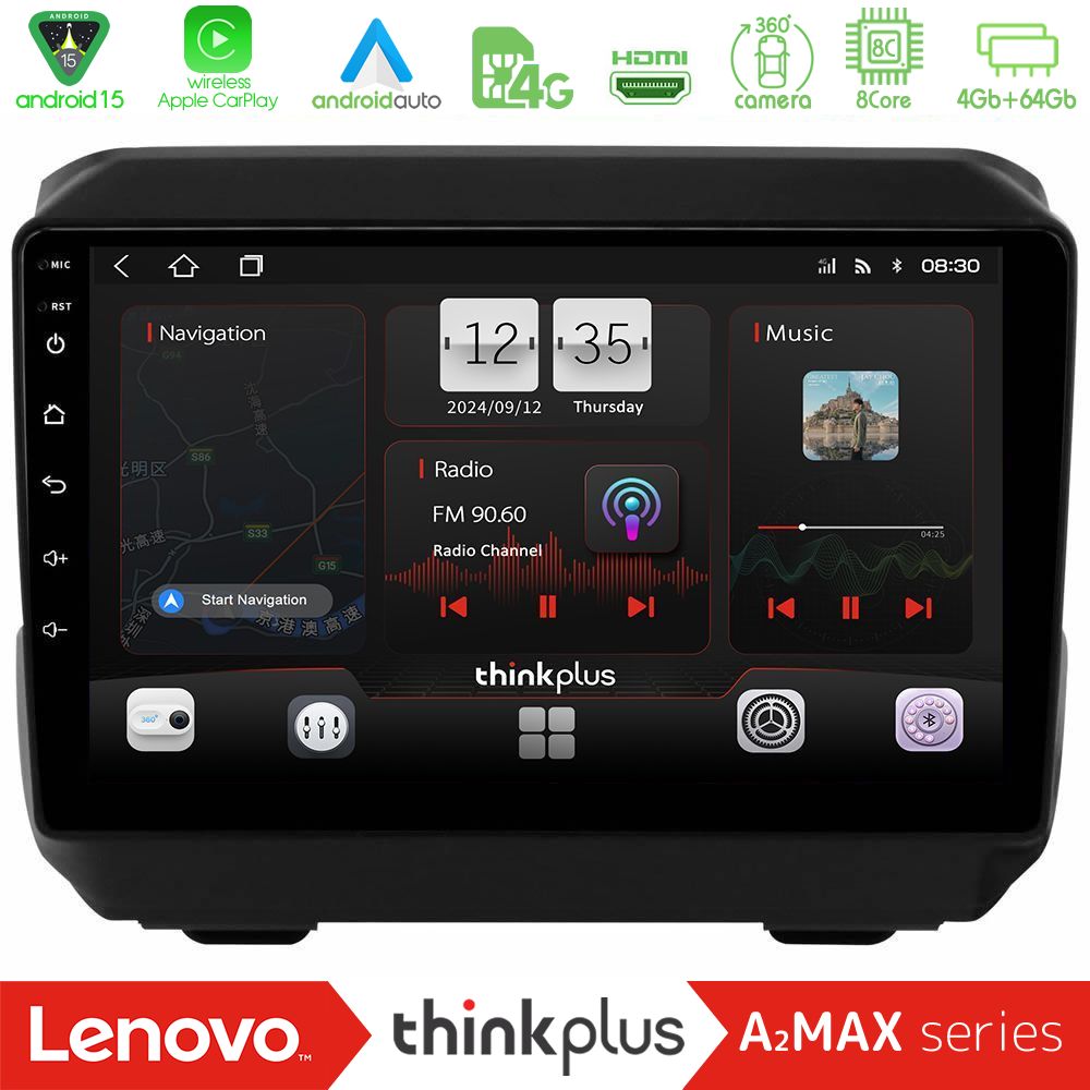 Lenovo Thinkplus A2MAX Series 8Core Android15 4+64GB  Jeep Wrangler 2018-> Navigation Multimedia Tablet 9"