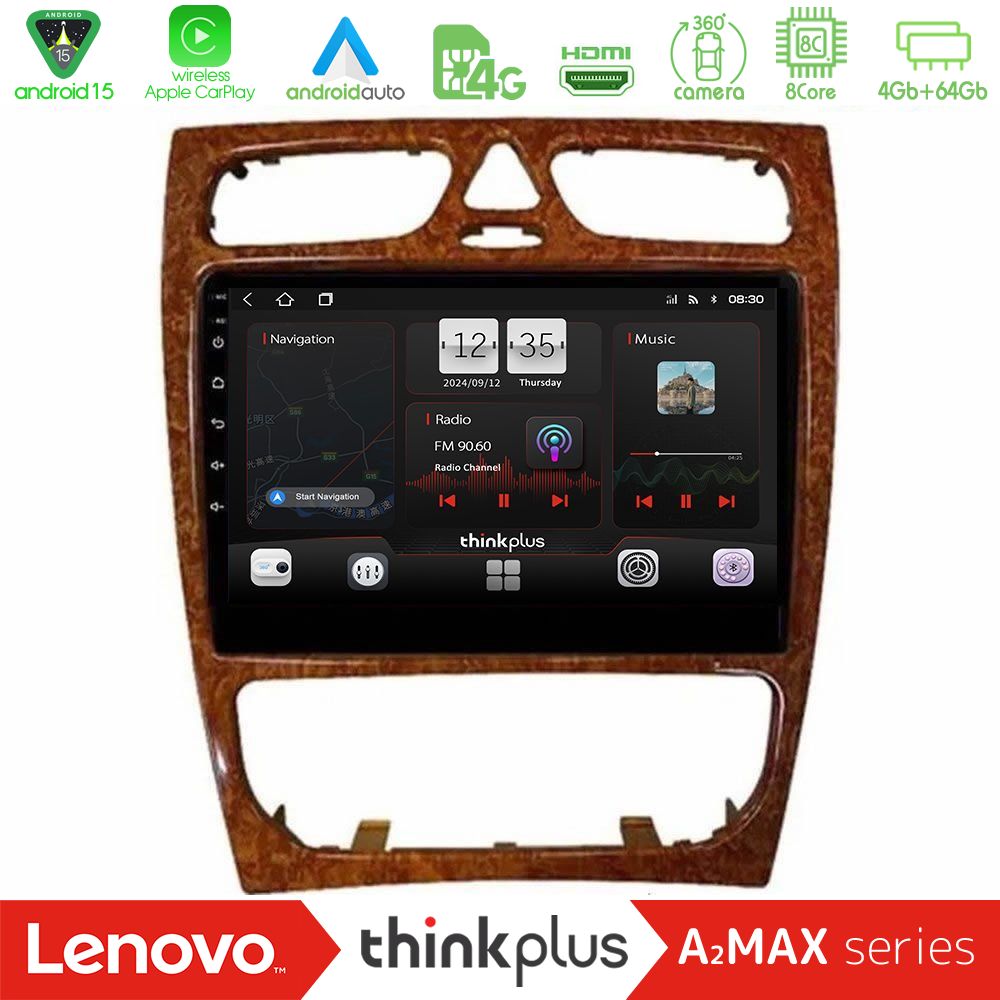 Lenovo Thinkplus A2MAX Series 8Core Android15 4+64GB  Mercedes C Class (W203) Navigation Multimedia Tablet 9" (Wooden Style)