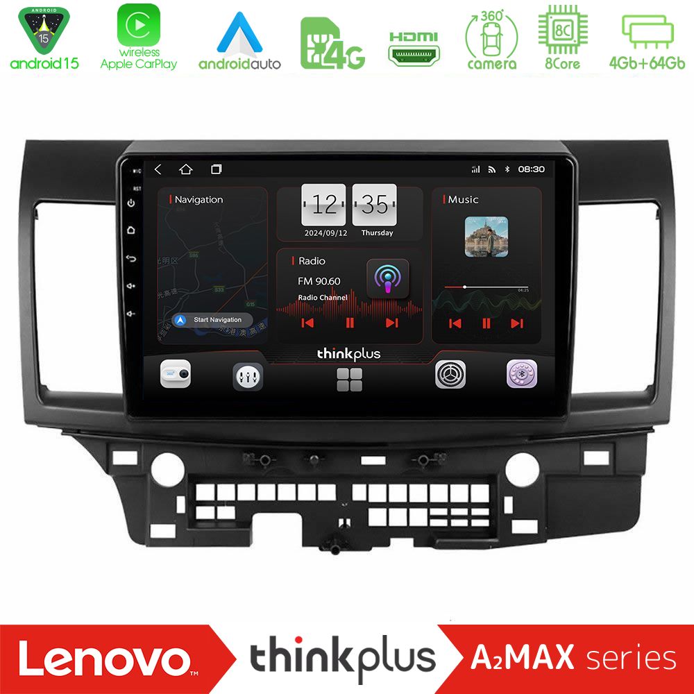 Lenovo Thinkplus A2MAX Series 8Core Android15 4+64GB  Mitsubishi Lancer 2008 – 2015 Navigation Multimedia Tablet 10"