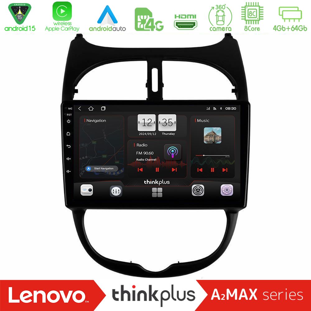 Lenovo Thinkplus A2MAX Series 8Core Android15 4+64GB  Peugeot 206 Navigation Multimedia Tablet 9"