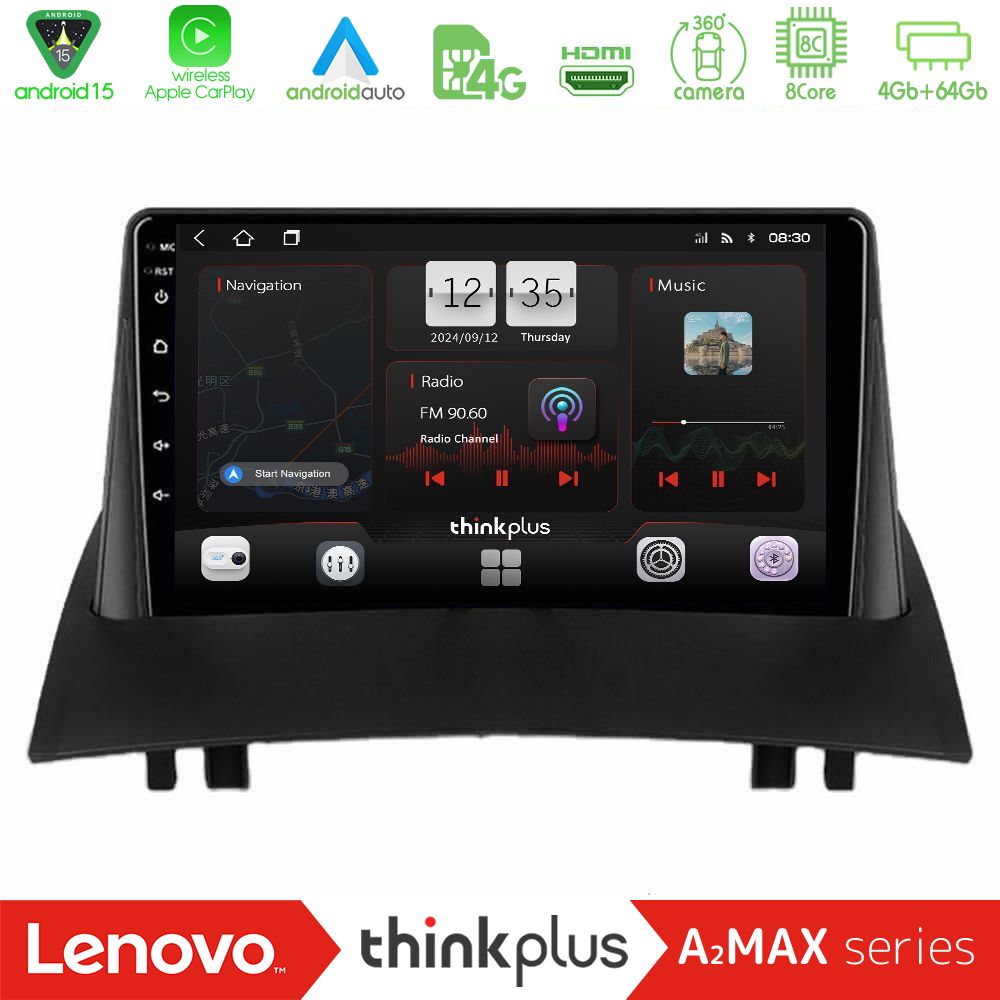 Lenovo Thinkplus A2MAX Series 8Core Android15 4+64GB  Renault Megane 2 2002-2008 Navigation Multimedia Tablet 9"