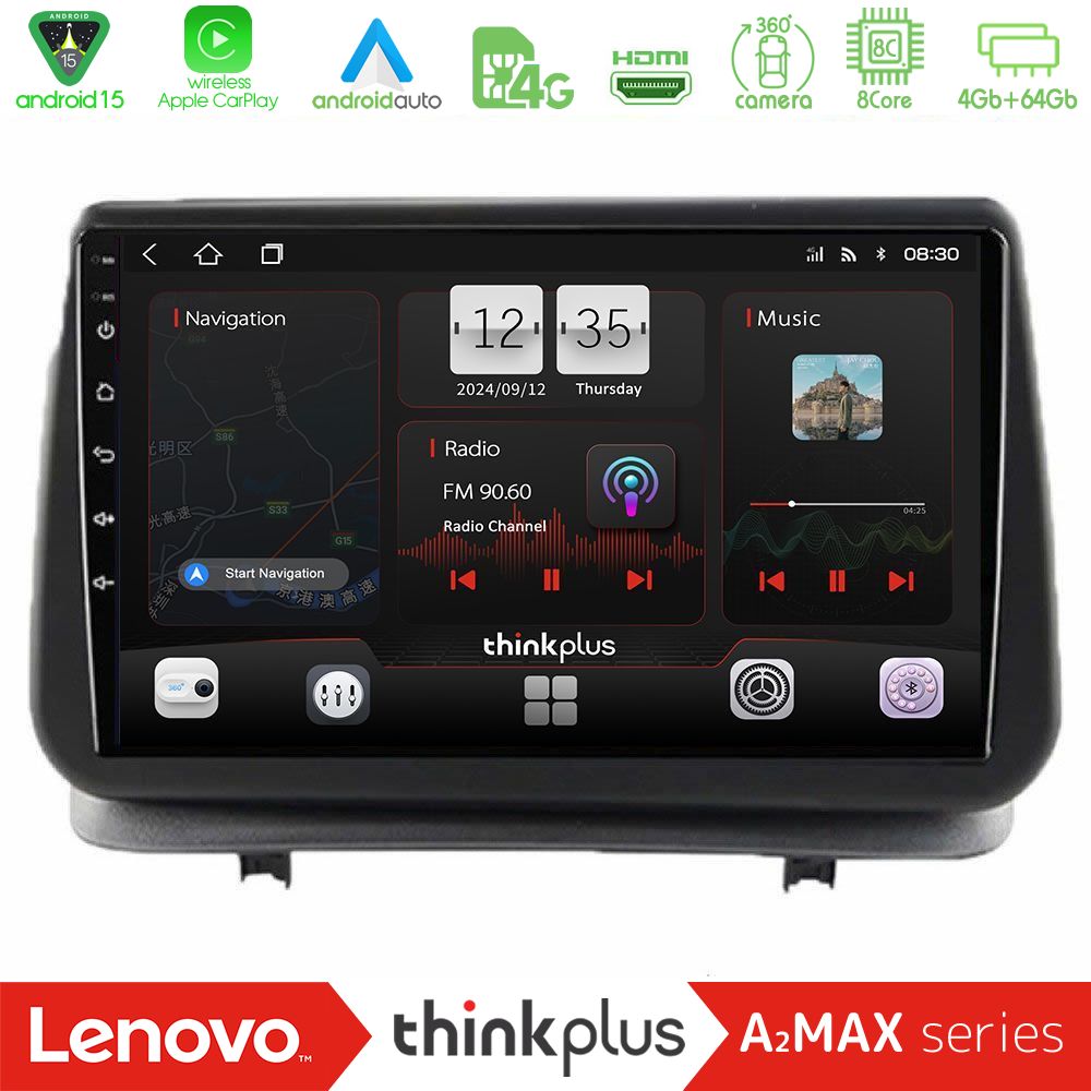 Lenovo Thinkplus A2MAX Series 8Core Android15 4+64GB Renault Clio 2005-2012 Navigation Multimedia Tablet 9"