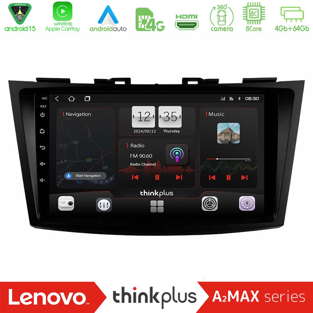 Lenovo Thinkplus A2MAX Series 8Core Android15 4+64GB  Suzuki Swift 2011-2016 Navigation Multimedia Tablet 9"