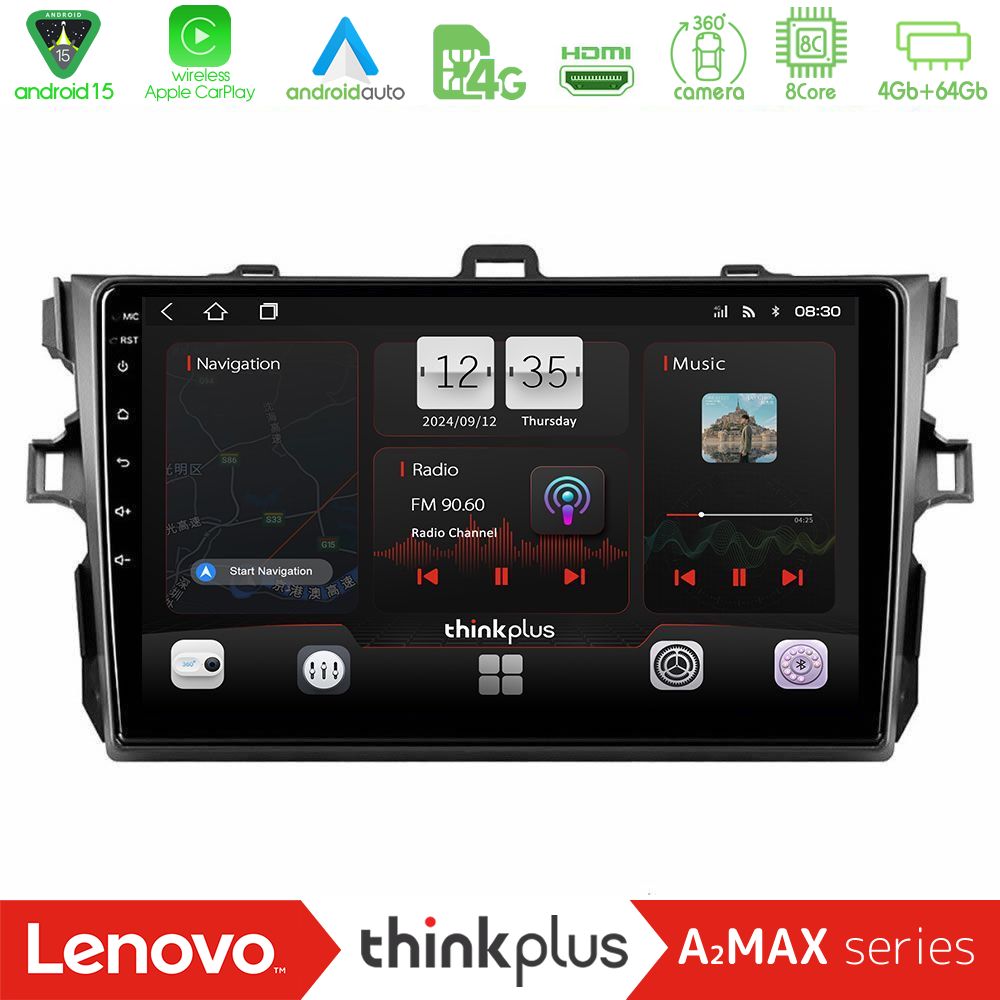 Lenovo Thinkplus A2MAX Series 8Core Android15 4+64GB  Toyota Corolla 2007-2012 Navigation Multimedia Tablet 9"
