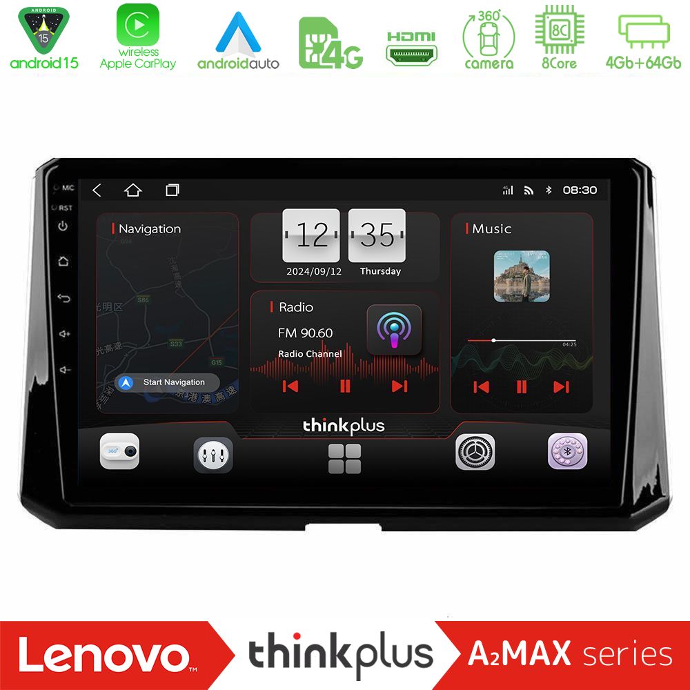 Lenovo Thinkplus A2MAX Series 8Core Android15 4+64GB  Toyota Corolla 2019-2022 Navigation Multimedia Tablet 10"