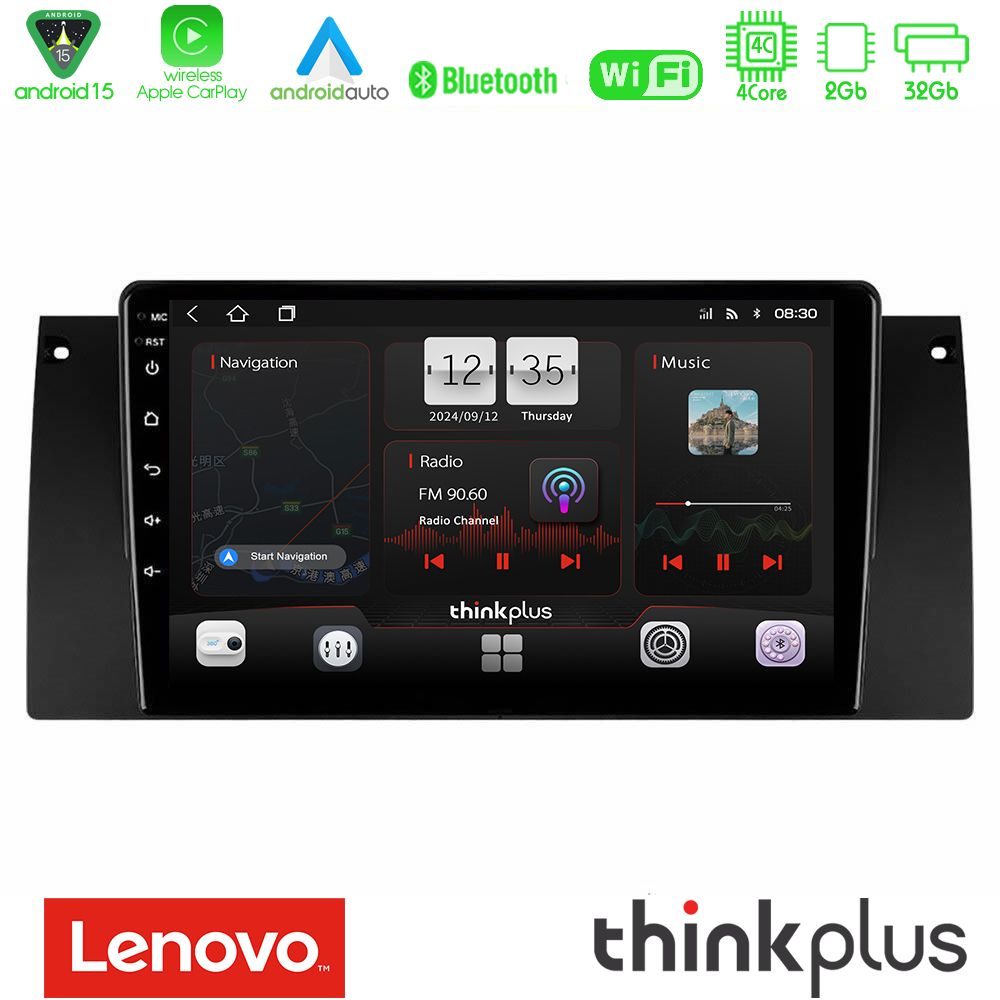 Lenovo Thinkplus Series 4Core Android15 2+32GB BMW 5 Series (E39) / X5 (E53) Navigation Multimedia Tablet 9" Με Carplay & Android Auto
