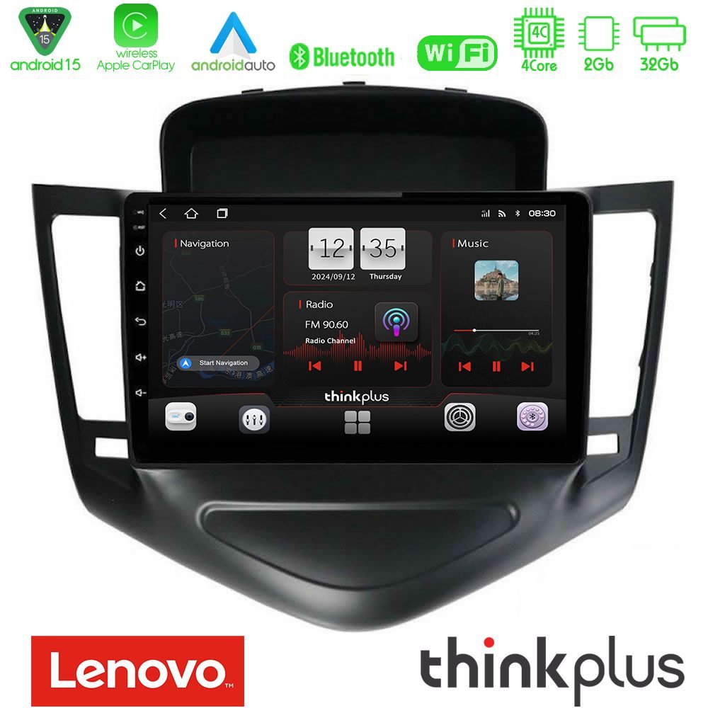 Lenovo Thinkplus Series 4Core Android15 2+32GB     Chevrolet Cruze 2009-2012 Navigation Multimedia Tablet 9"  Με Carplay & Android Auto (Μαύρο)