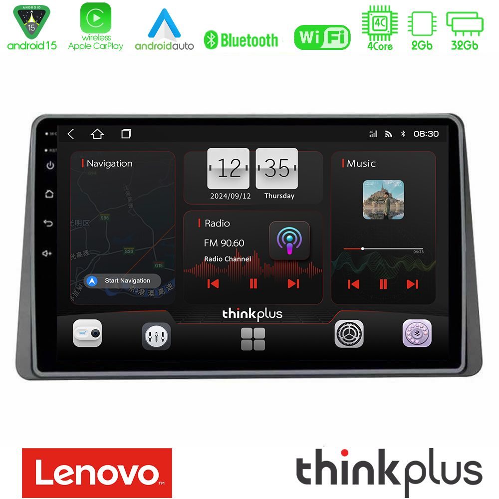 Lenovo Thinkplus Series 4Core Android15 2+32GB  Dacia Duster 2022-> Navigation Multimedia Tablet 9" Με Carplay & Android Auto