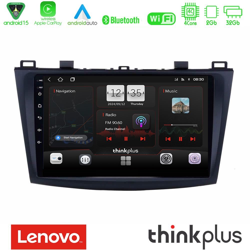 Lenovo Thinkplus Series 4Core Android15 2+32GB Mazda 3 2009-2014 Navigation Multimedia Tablet 9" Με Carplay & Android Auto