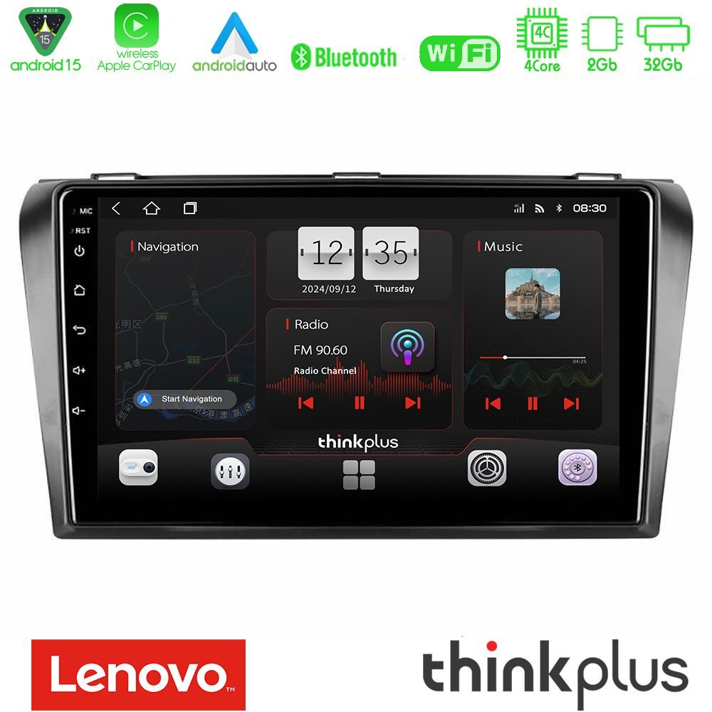 Lenovo Thinkplus Series 4Core Android15 2+32GB  Mazda 3 2004-2009 Navigation Multimedia Tablet 9" Με Carplay & Android Auto
