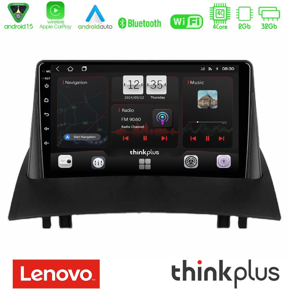 Lenovo Thinkplus Series 4Core Android15 2+32GB  Renault Megane 2 2002-2008 Navigation Multimedia Tablet 9" Με Carplay & Android Auto