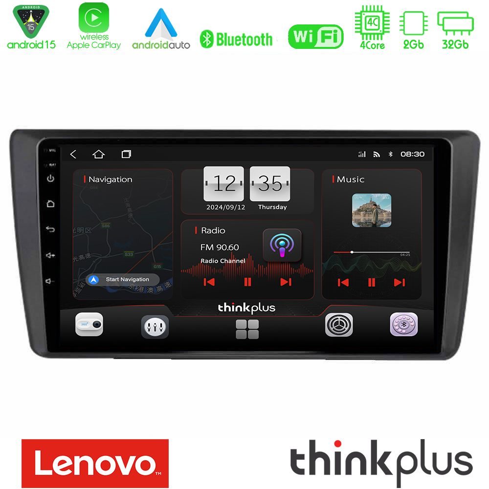 Lenovo Thinkplus Series 4Core Android15 2+32GB Skoda Octavia 2004-2012 Navigation Multimedia Tablet 9" Με Carplay & Android Auto