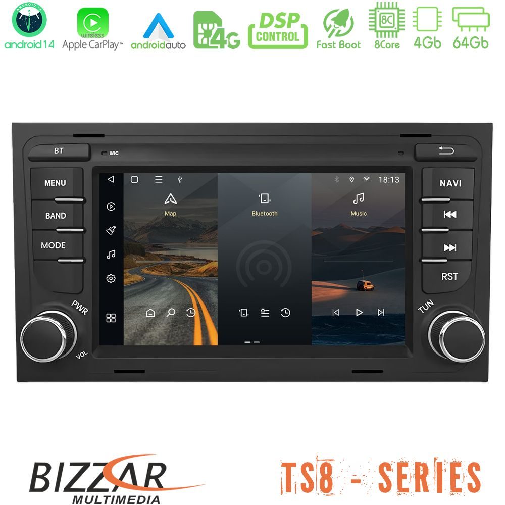 Bizzar Audi A4 2004-2007 8core Android14 4+64GB Navigation Multimedia Deckless 7" με Carplay/AndroidAuto (OEM Style)