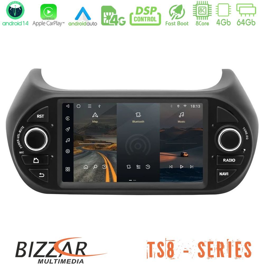 Bizzar Fiat Fiorino/Citroen Nemo/Peugeot Bipper 8core Android14 4+64GB Navigation Multimedia Deckless 7" με Carplay/AndroidAuto (OEM Style)