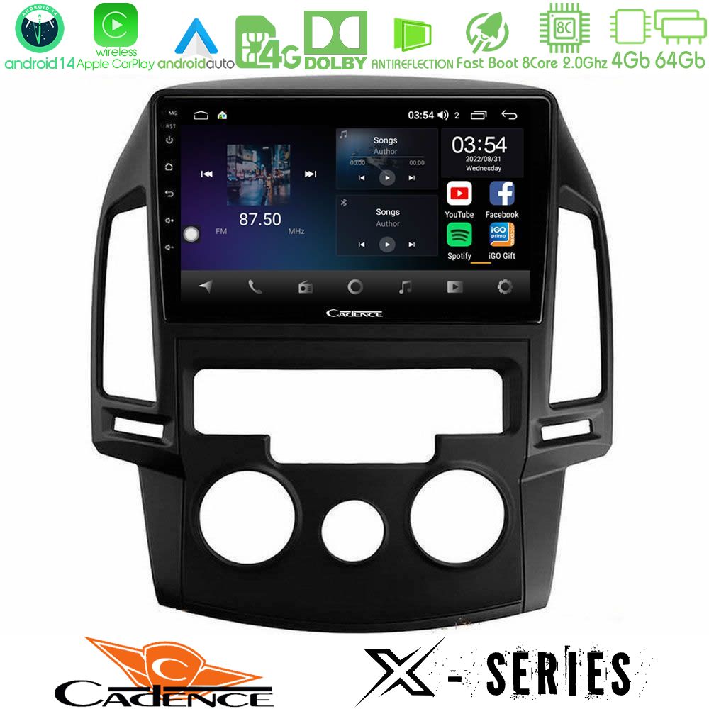 Cadence X Series Hyundai i30 2007-2012 Manual A/C 8core Android 14 4+64GB Navigation Multimedia Tablet 9"