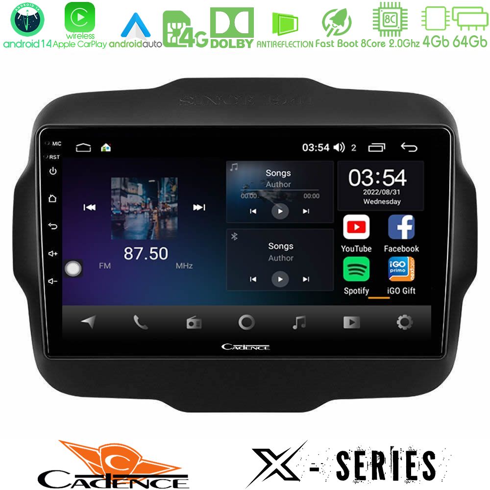 Cadence X Series Jeep Renegade 2015-2019 8core Android 14 4+64GB Navigation Multimedia Tablet 9"