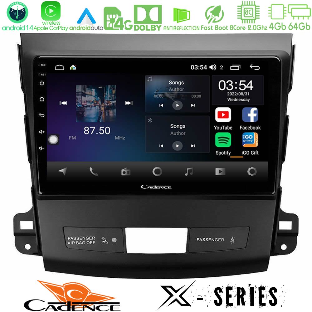 Cadence X Series Mitsubishi Outlander/Citroen C-Crosser/Peugeot 4007 8core Android 14 4+64GB Navigation Multimedia Tablet 9"