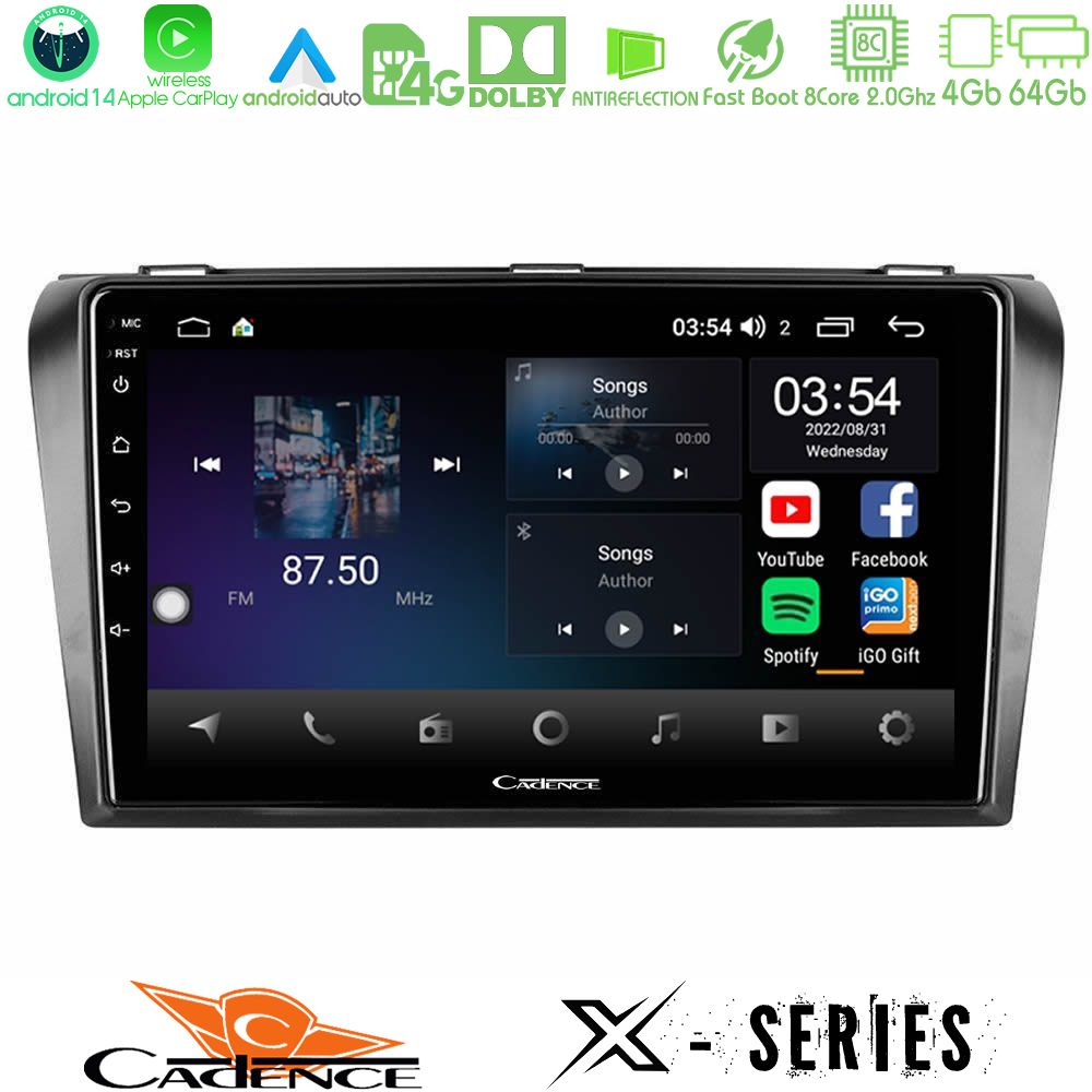 Cadence X Series Mazda 3 2004-2009 8core Android 14 4+64GB Navigation Multimedia Tablet 9"
