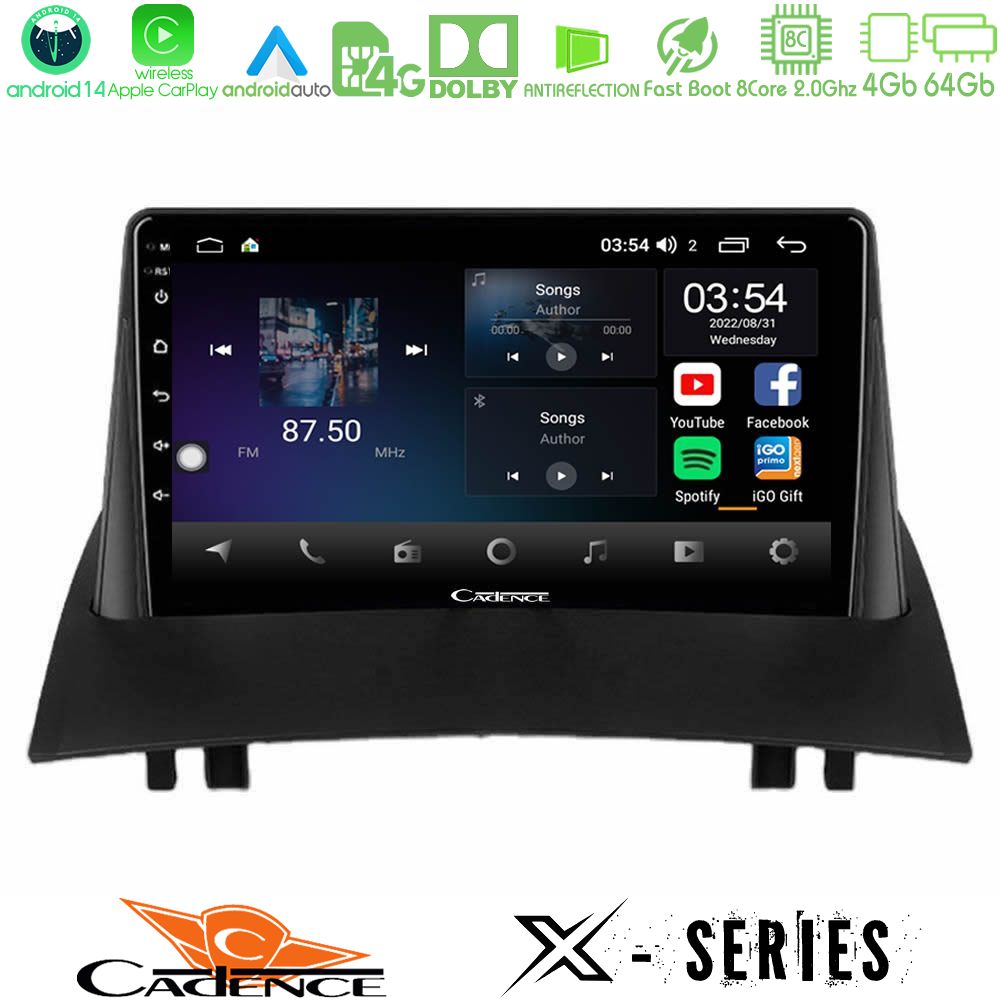 Cadence X Series Renault Megane 2 2002-2008 8Core Android 14 4+64GB Navigation Multimedia Tablet 9"
