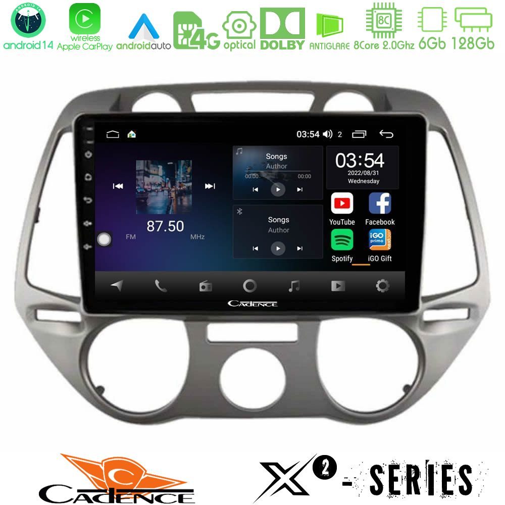 Cadence X2 Series 8Core Android14 6+128GB  Hyundai i20 2009-2012 Manual A/C Navigation Multimedia Tablet 9"