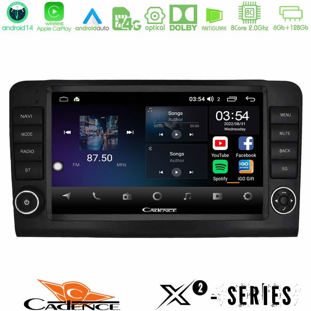 Cadence X2 Series 8Core Android14 6+128GB Mercedes ML/GL Class W164 2006-2011 Navigation Multimedia Tablet 9" (OEM Look)