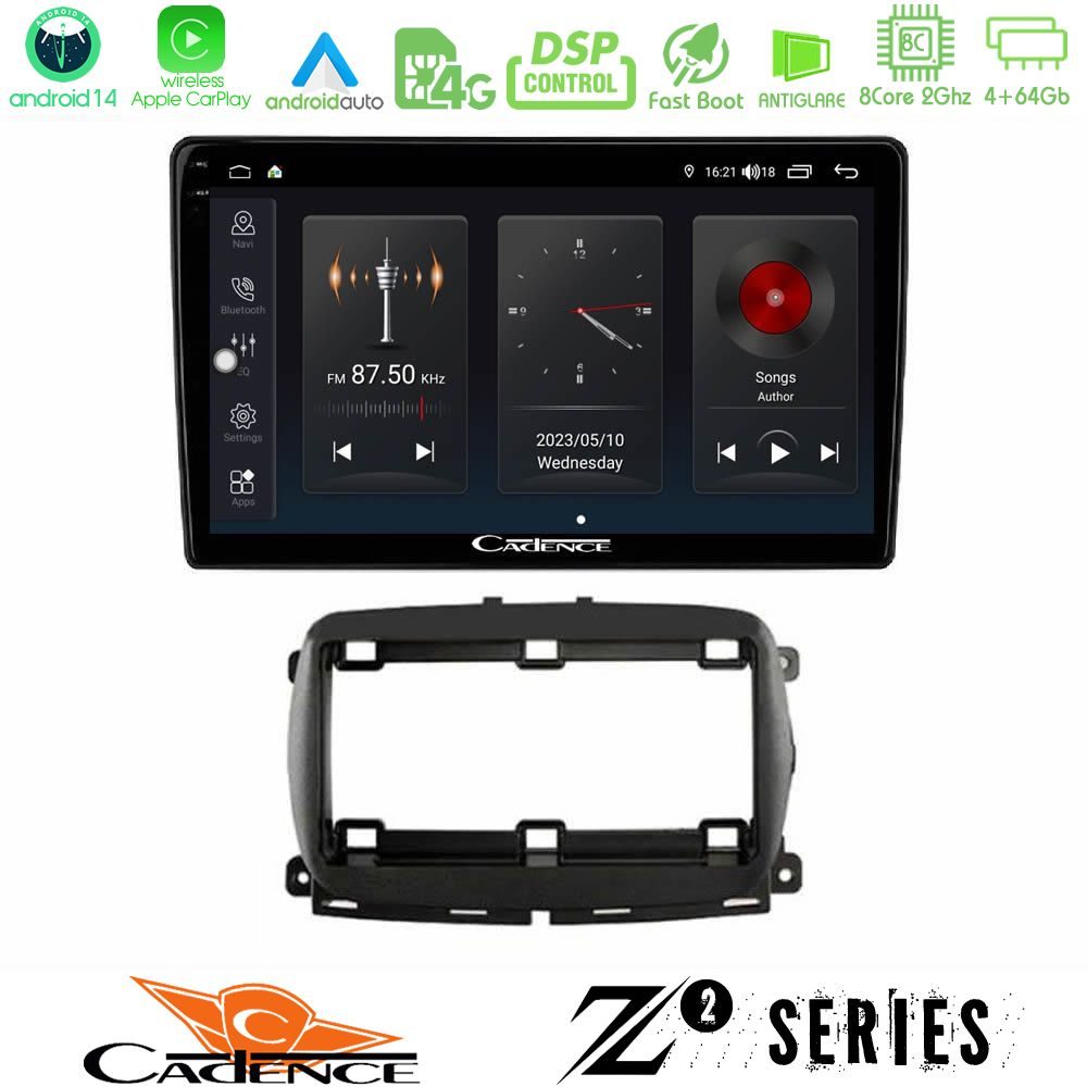Cadence Z2 Series 8Core Android14 4+64GB   Fiat 500 2016> Navigation Multimedia Tablet 9" Με Carplay & Android Auto