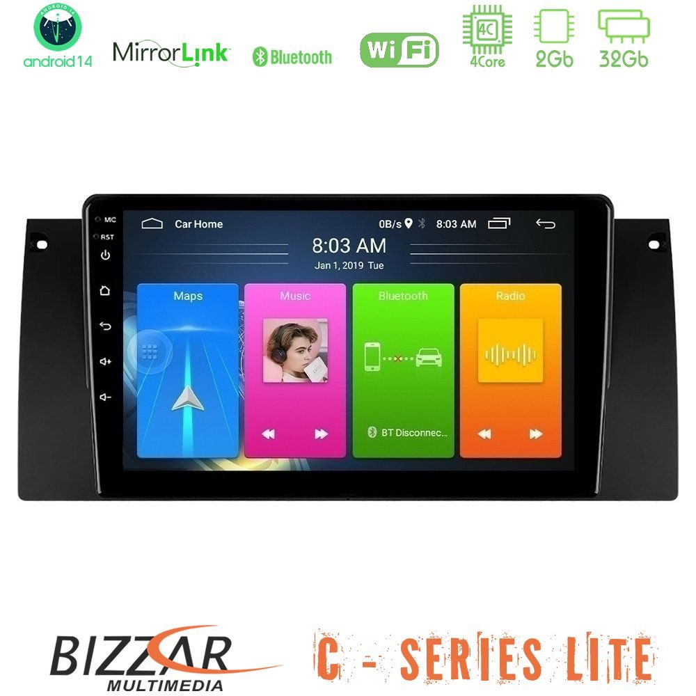 Bizzar C Series Lite 4Core Android14 2+32GB BMW 5 Series Lite (E39) / X5 (E53) Navigation Multimedia Tablet 9"