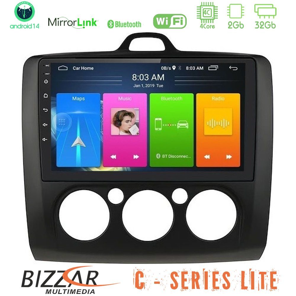 Bizzar C Series Lite 4Core Android14 2+32GB Ford Focus Manual AC Navigation Multimedia Tablet 9" (Μαύρο Χρώμα)
