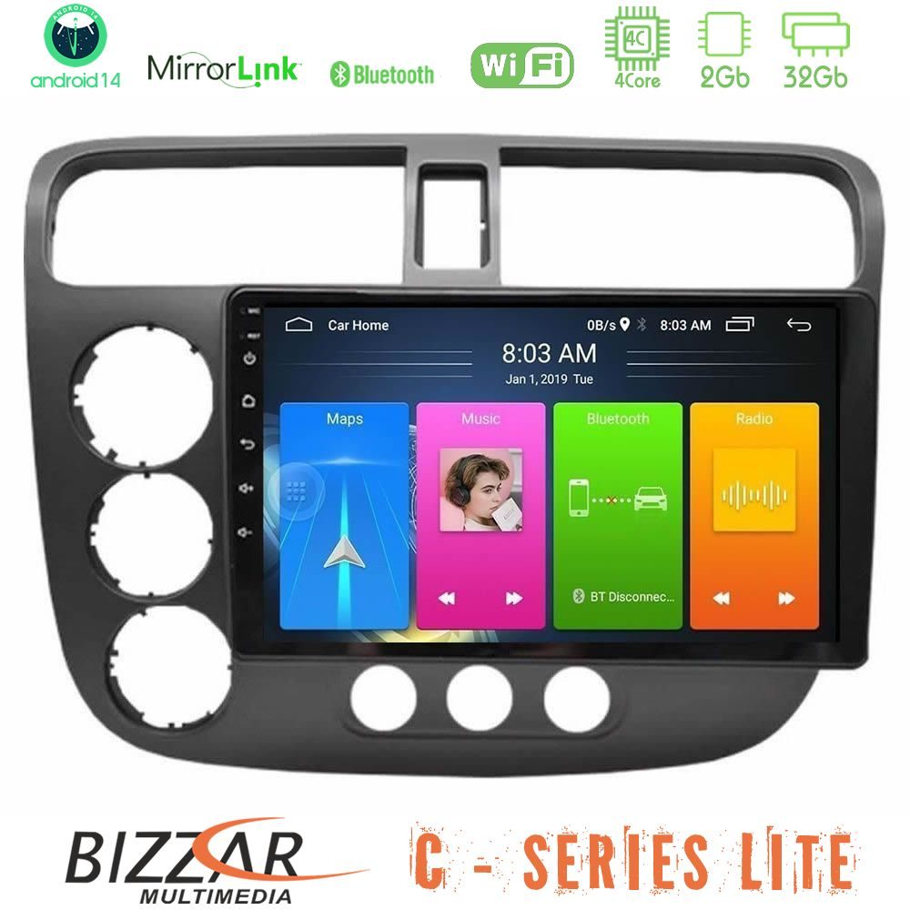 Bizzar C Series Lite 4Core Android14 2+32GB  Honda Civic 2001-2005 Navigation Multimedia Tablet 9"
