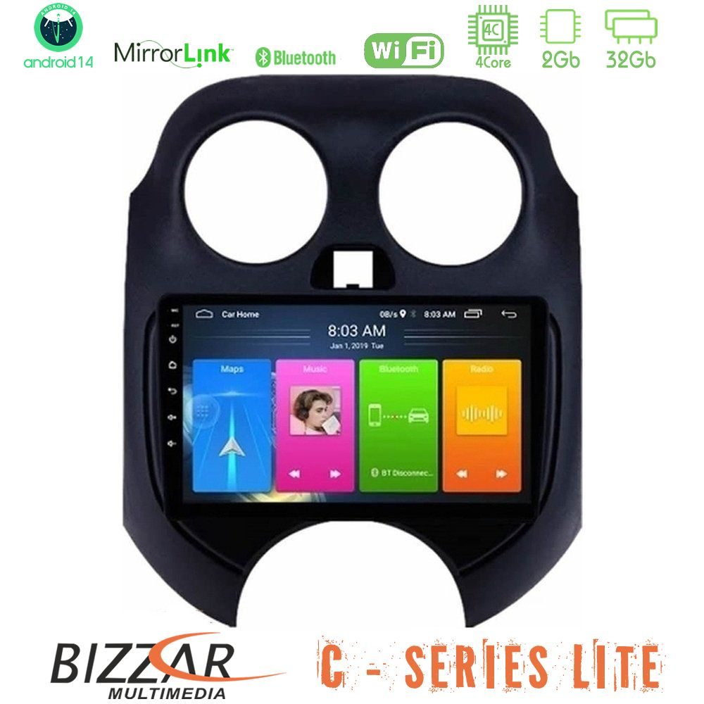 Bizzar C Series Lite 4Core Android14 2+32GB  Nissan Micra 2011-2014 Navigation Multimedia Tablet 9"