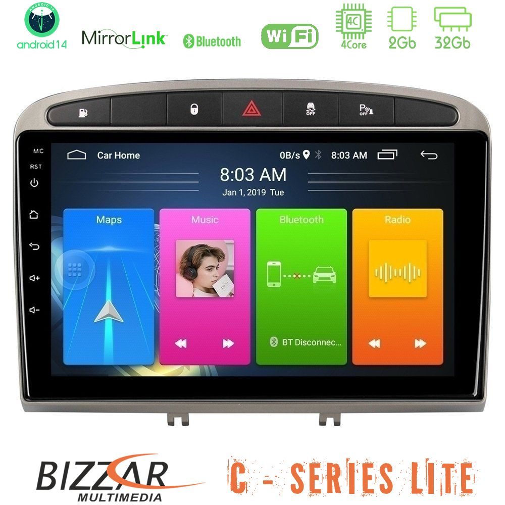 Bizzar C Series Lite 4Core Android14 2+32GB  Peugeot 308/RCZ Navigation Multimedia Tablet 9" (Ασημί Χρώμα)