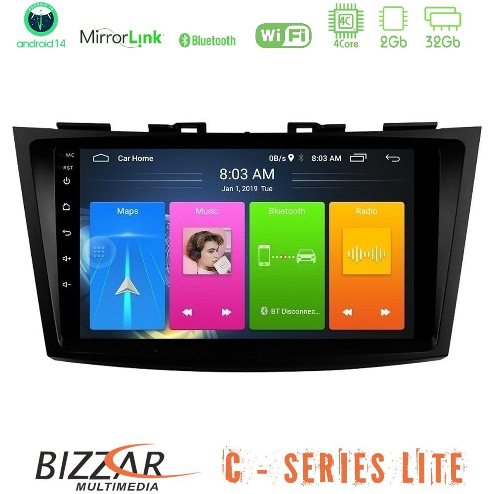 Bizzar C Series Lite 4Core Android14 2+32GB  Suzuki Swift 2011-2016 Navigation Multimedia Tablet 9"