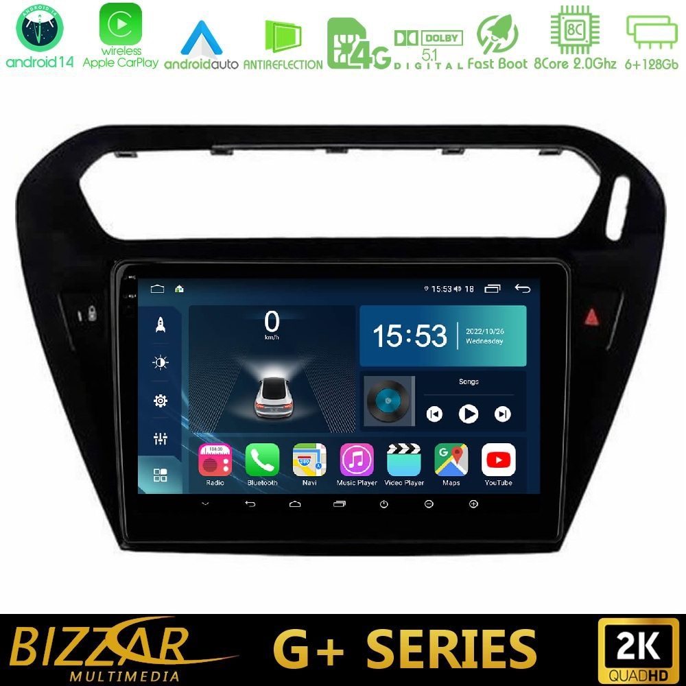 Bizzar G+ Series Citroen C-Elysee / Peugeot 301 8core Android14 6+128GB Navigation Multimedia Tablet 9"