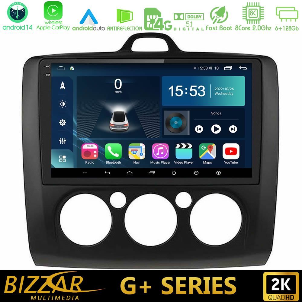 Bizzar G+ Series Ford Focus Manual AC 8core Android14 6+128GB Navigation Multimedia 9" (Μαύρο Χρώμα)