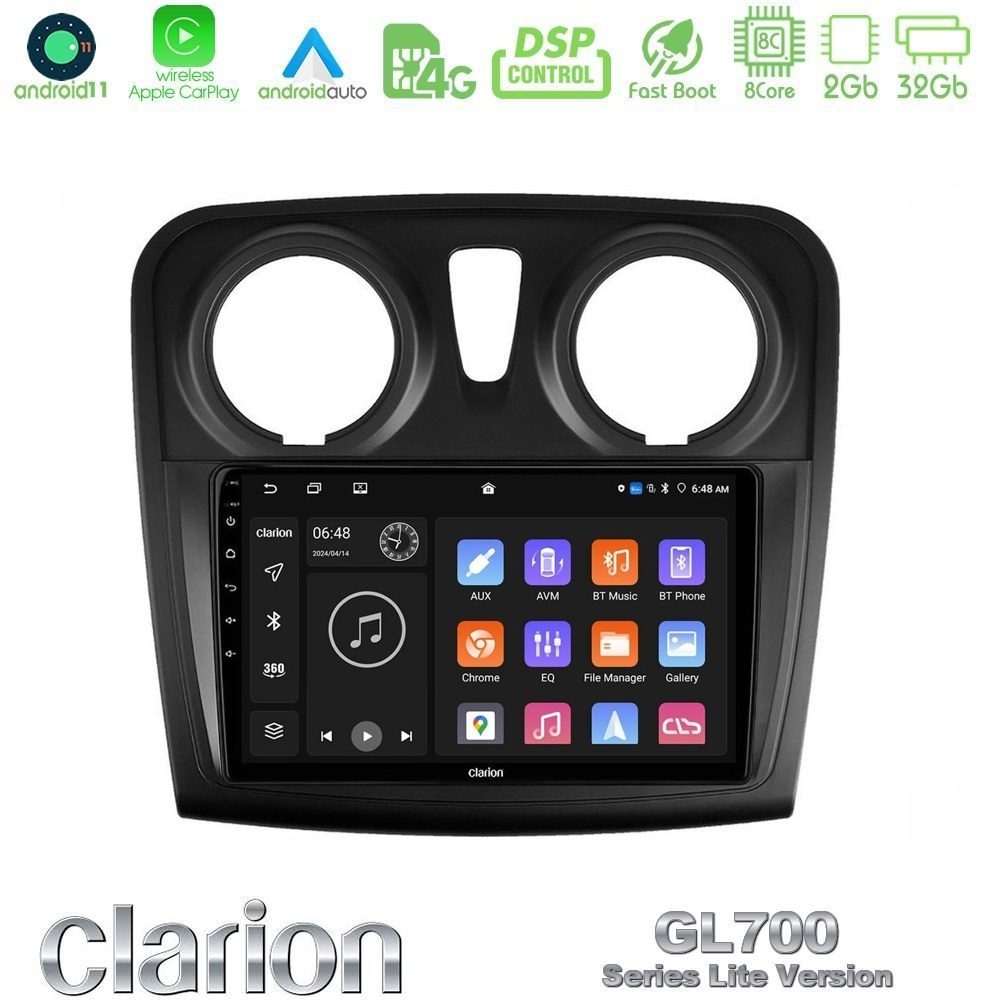 Clarion GL700 Lite Series 8Core Android11 2+32GB Dacia Dokker 2014-2021 Navigation Multimedia Tablet 9" Με Carplay & Android Auto