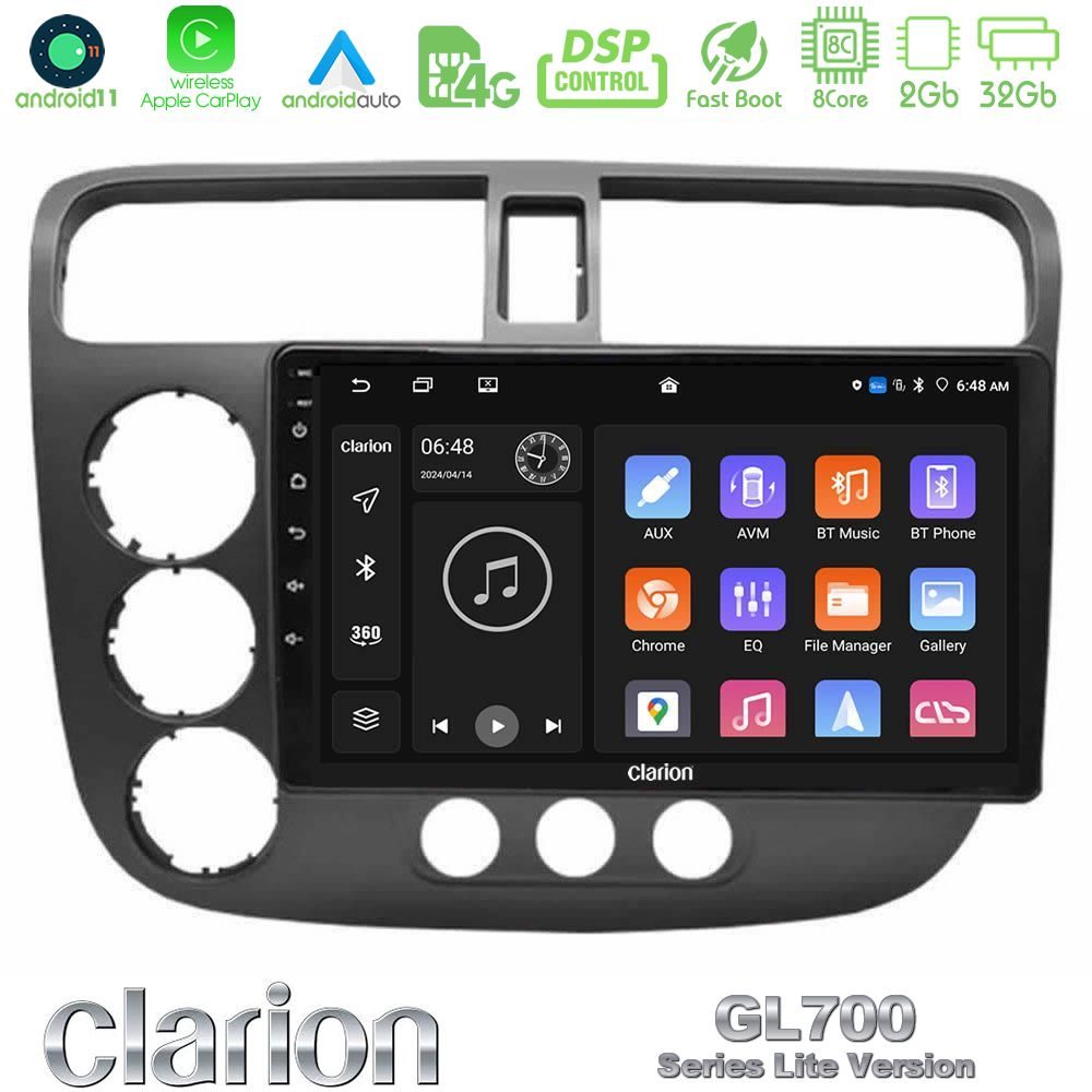Clarion GL700 Lite Series 8Core Android11 2+32GB Honda Civic 2001-2005 Navigation Multimedia Tablet 9" Με Carplay & Android Auto