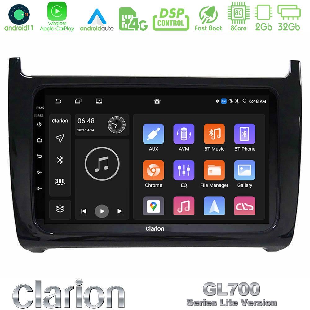 Clarion GL700 Lite Series 8Core Android11 2+32GB Vw Polo 2009-2014 Navigation Multimedia Tablet 9" Με Carplay & Android Auto