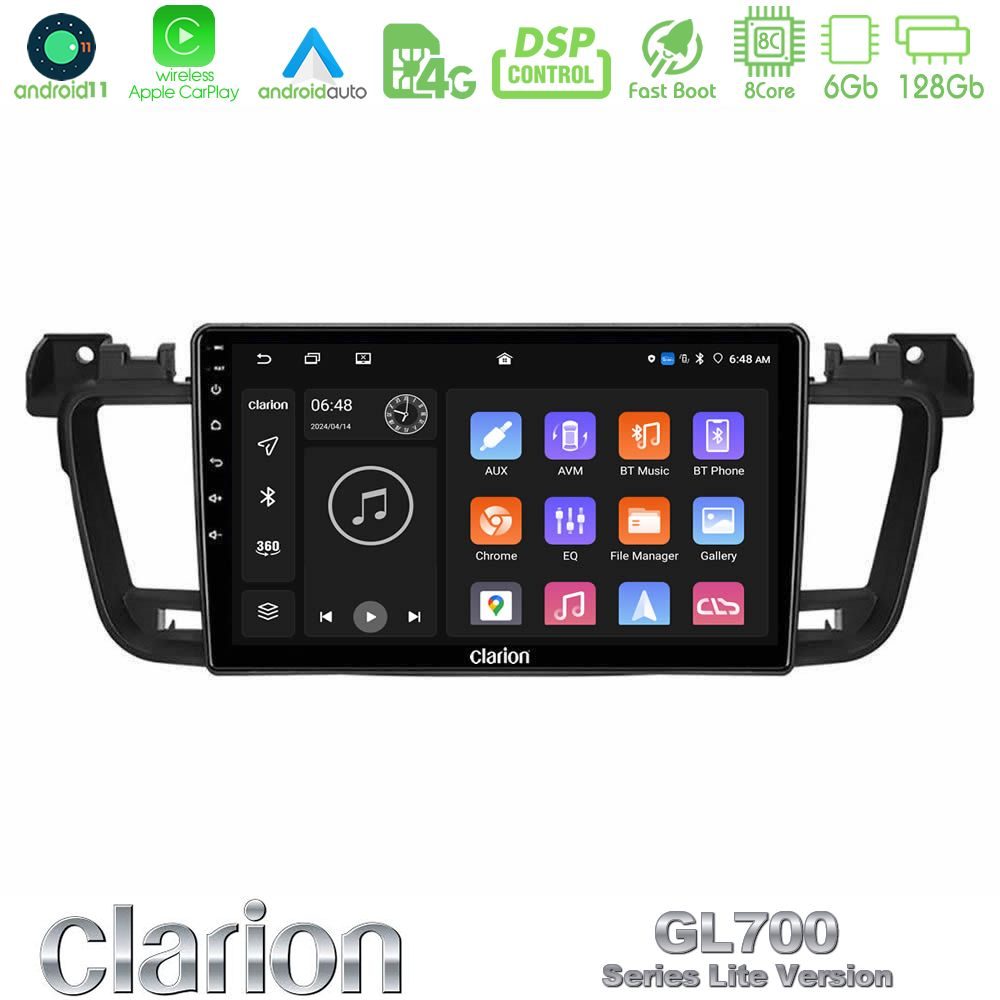 Clarion GL700 Lite Series 8Core Android11 6+128GB Peugeot 508 2010-2018 Navigation Multimedia Tablet 9" Με Carplay & Android Auto