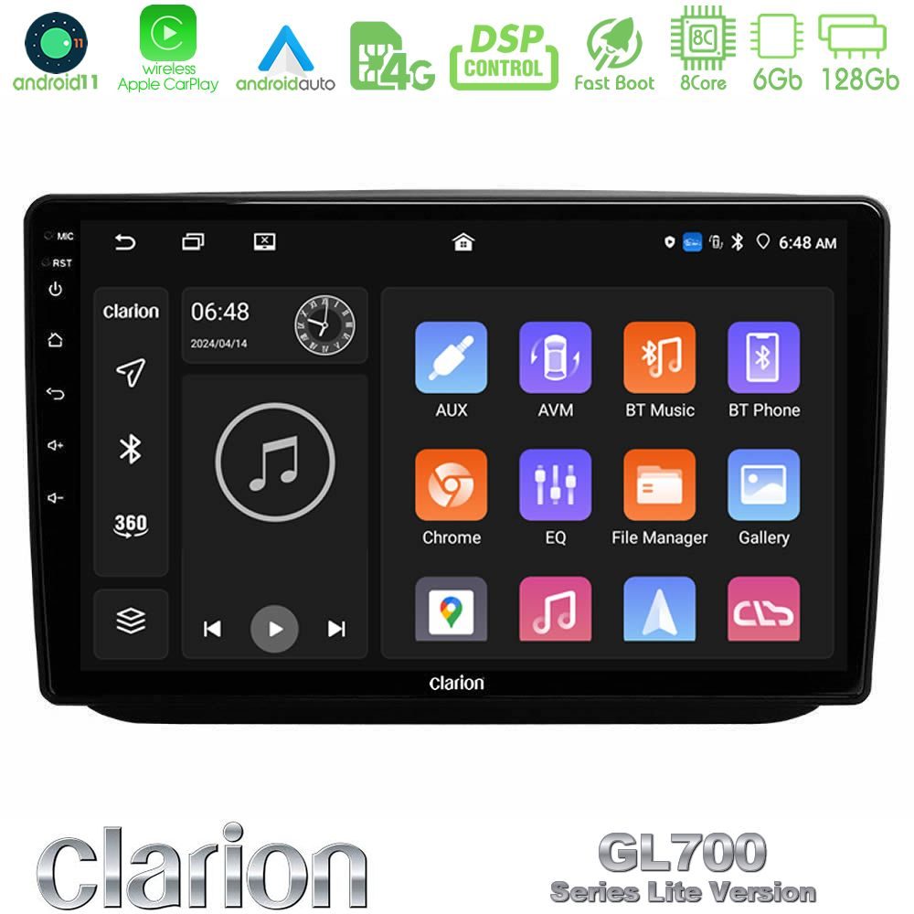 Clarion GL700 Lite Series 8Core Android11 6+128GB Skoda Fabia 2007-2014 Navigation Multimedia Tablet 10" Με Carplay & Android Auto