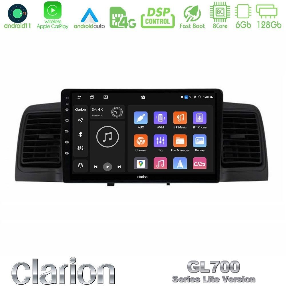 Clarion GL700 Lite Series 8Core Android11 6+128GB Toyota Corolla 2002-2006 Navigation Multimedia Tablet 9" Με Carplay & Android Auto
