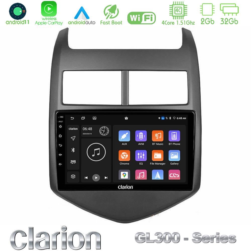 Clarion GL300 Series 4Core Android11 2+32GB Chevrolet Aveo 2011-2017 Navigation Multimedia Tablet 9" Με Carplay & Android Auto