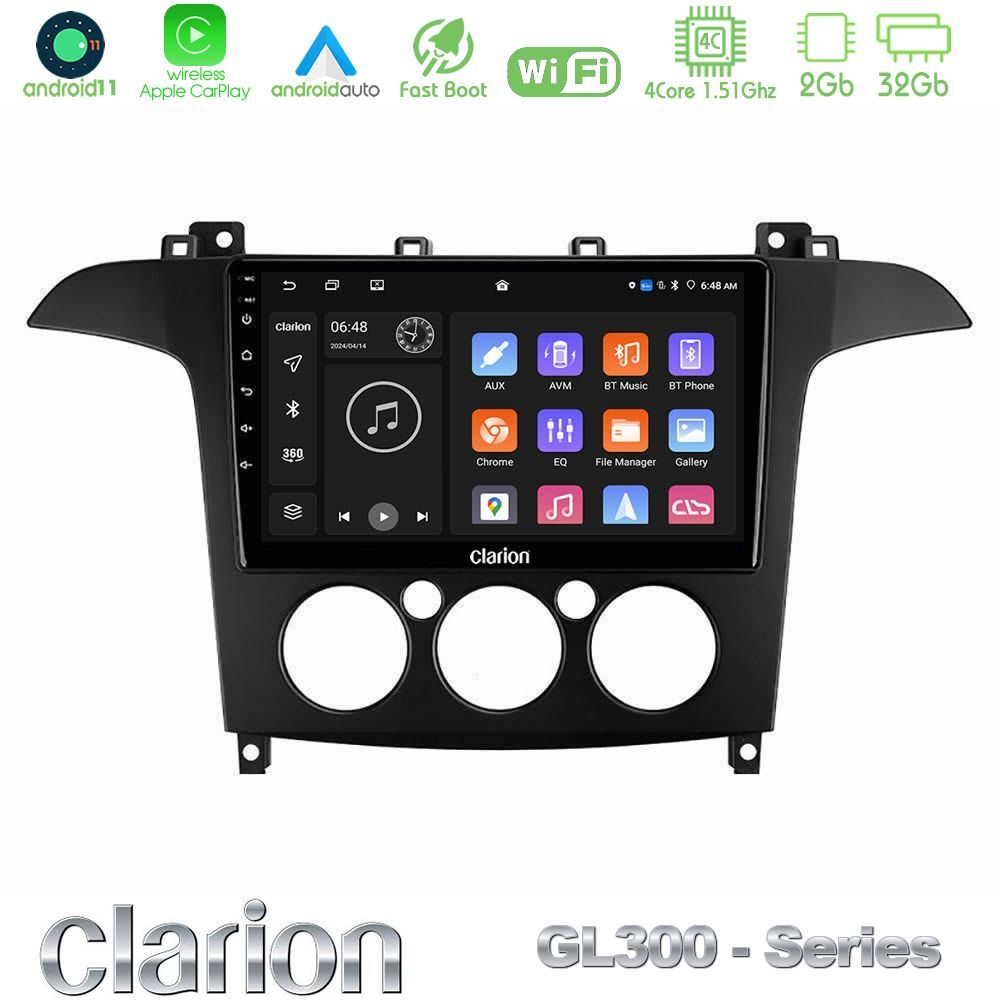 Clarion GL300 Series 4Core Android11 2+32GB Ford S-Max 2006-2008 (manual A/C) Navigation Multimedia Tablet 9" Με Carplay & Android Auto