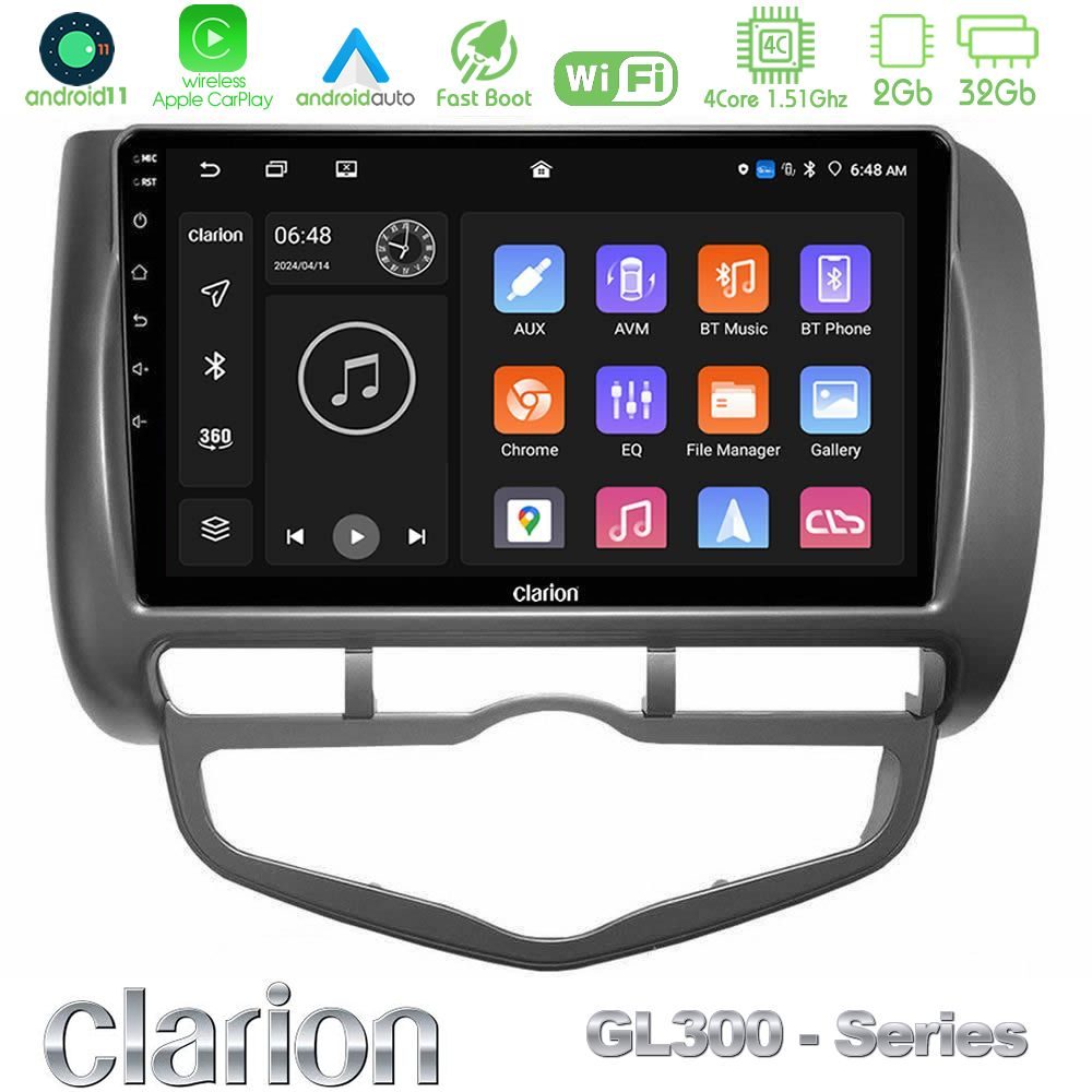 Clarion GL300 Series 4Core Android11 2+32GB Honda Jazz 2002-2008 (Auto A/C) Navigation Multimedia Tablet 9" Με Carplay & Android Auto