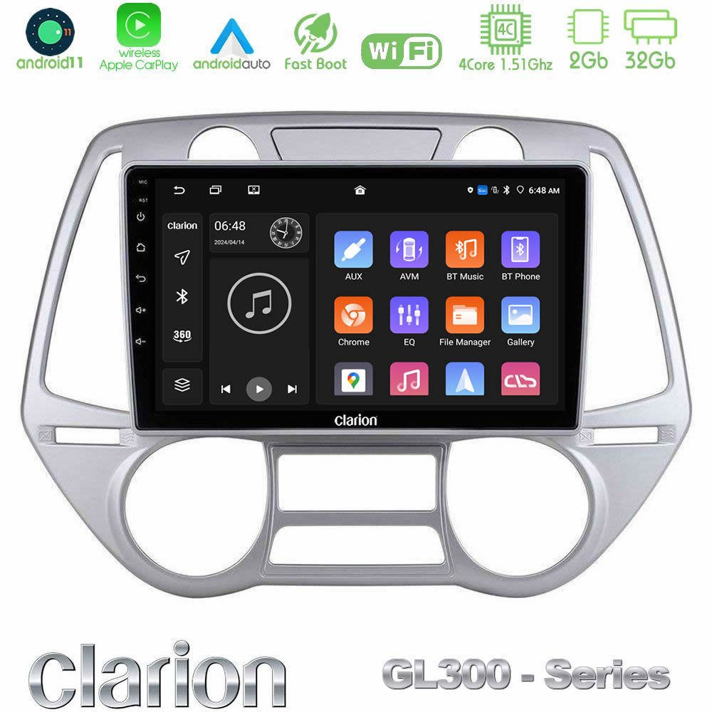 Clarion GL300 Series 4Core Android11 2+32GB Hyundai i20 2009-2012 Auto A/C Navigation Multimedia Tablet 9" Με Carplay & Android Auto
